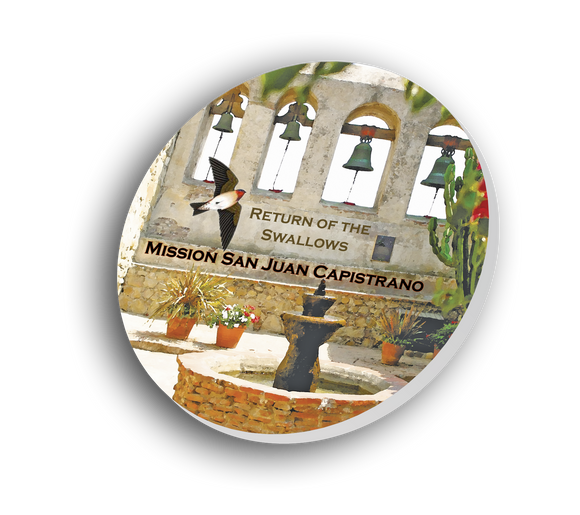Beautiful sandstone coasters with cork backing and original images of the 21 California Missions and other images celebrating the beauty and history of the California Missions and mission life.