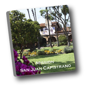 Square ceramic tile with magnet and an original image of the Gardens at Mission San Juan Capistrano (San Juan Capistrano) 2" x 2"