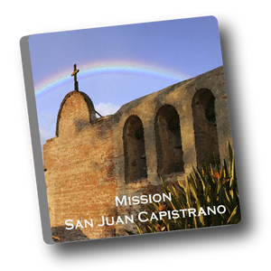 Square ceramic tile with magnet and an original image of a rainbow over Mission San Juan Capistrano (San Juan Capistrano) 2" x 2"