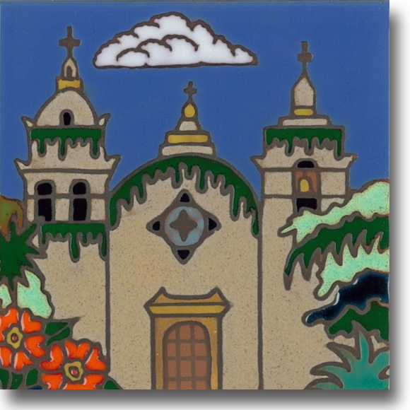 Ceramic tile with original art image of Mission San Carlos Borromeo de Carmelo (Carmel) hand painted & kiln fired creating vivid, jewel-like colors. American made, hand crafted tile has a hardboard back usable as a trivet, original wall art or without the backing, combine several to form a tile mosaic back splash.
