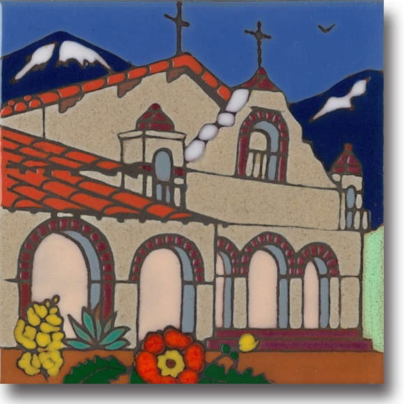 Ceramic tile with original art image of Mission San Antonio de Padua hand painted & kiln fired creating vivid, jewel-like colors. American made, hand crafted tile has a hardboard backing making it suitable as a trivet, original wall art or without the backing,  combine several to form a tile mosaic back splash.