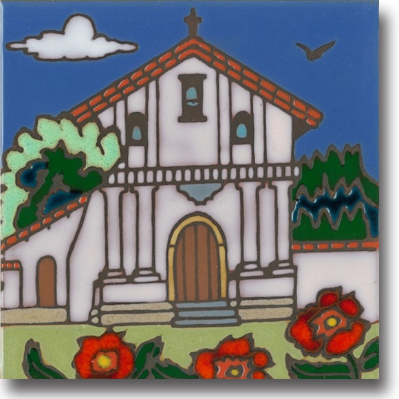 Ceramic tile with original art image of Mission San Francisco de Asis (Dolores) hand painted & kiln fired creating vivid, jewel-like colors. American made, hand crafted tile has a hardboard back making it suitable as a trivet, original wall art or without the backing,  combine several to form a tile mosaic back splash.