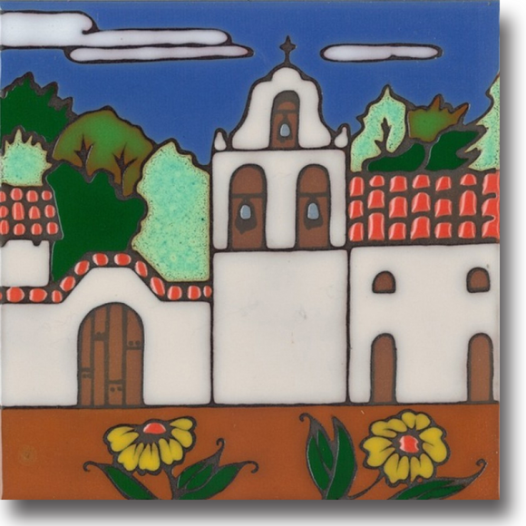 Ceramic tile with original art image of Mission La Purisima Concepcion hand painted & kiln fired creating vivid, jewel-like colors. American made, hand crafted tile has a hardboard backing making it suitable as a trivet, original wall art or without the backing,  combine several to form a tile mosaic back splash.
