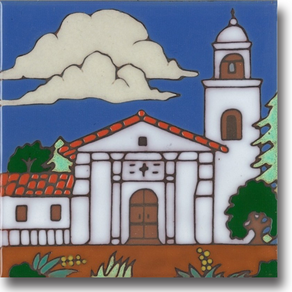 Ceramic tile with original art image of Mission Santa Cruz hand painted & kiln fired creating vivid, jewel-like colors. American made, hand crafted tile has a hardboard backing making it suitable as a trivet, original wall art or without the backing,  combine several to form a tile mosaic back splash.