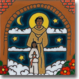 Square ceramic tile with original image of Fr. Junipero Serra.  These 6” x 6” ceramic tiles are all original art designs which are individually hand painted then kiln "fired" to 1800 degrees until the vivid, jewel-like colors emerge. These American made, hand crafted original art tiles have a hardboard backing making them suitable as a kitchen tile trivet or original wall art. With the backing removed, several of them can be combined together to form a tile mosaic for use as a back splash.