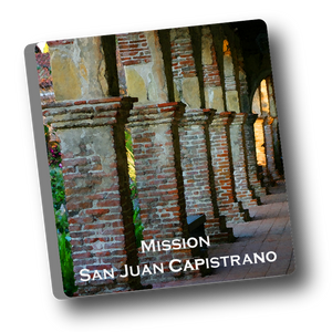 Square ceramic tile with magnet and an original image of the Arches at Mission San Juan Capistrano (San Juan Capistrano) 2"x 2"