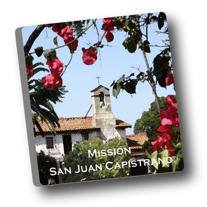 Square ceramic tile with magnet and an original image of the Bell Tower at Mission San Juan Capistrano (San Juan Capistrano) 2" x 2"
