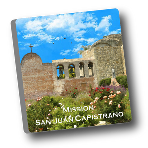 Square ceramic tile with magnet and an original image of the Bell Wall at Mission San Juan Capistrano (San Juan Capistrano) 2" x 2"