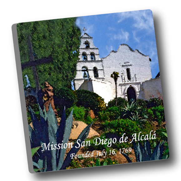 Square ceramic tile magnet with an image depicting Mission San Diego.

2