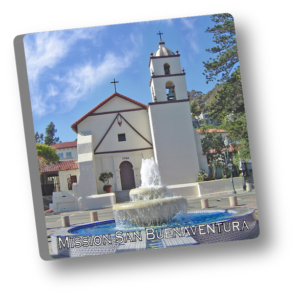 Square ceramic tile magnet with an image depicting Mission San Buenaventura.

2