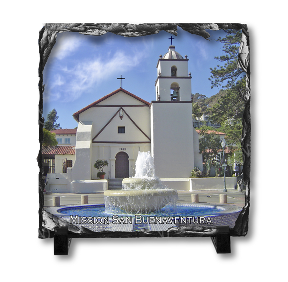 A square slate with an original image of Mission San Buenaventura (San Buenaventura) in a stunning and natural presentation.