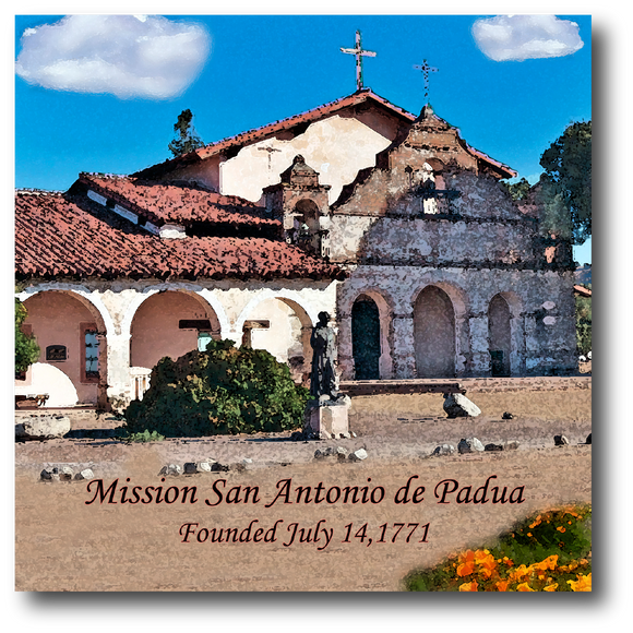 Square ceramic tile with an original image of Mission San Antonio de Padua (San Antonio)