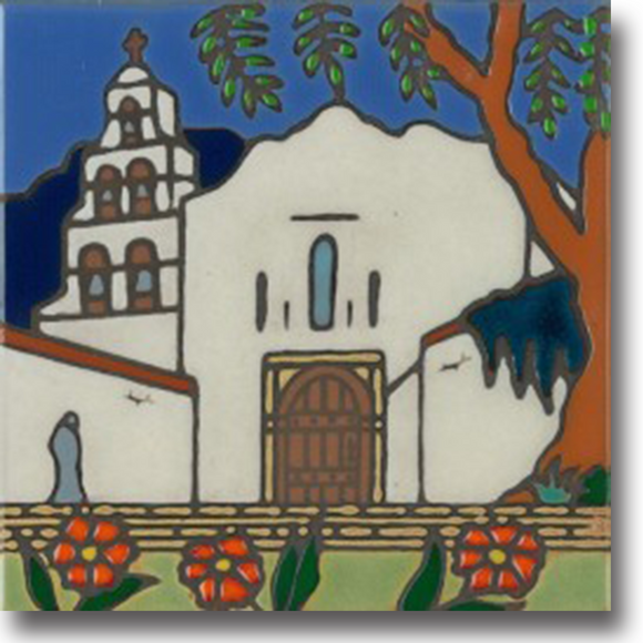 Ceramic tile with original art image of Mission San Diego de Alcala hand painted then kiln fired creating vivid, jewel-like colors. American made, hand crafted tile has a hardboard back making it suitable as a trivet, original wall art or without the backing, several can be combined to form a tile mosaic back splash.