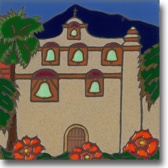 Ceramic tile with original art image of Mission San Gabriel Arcangel hand painted & kiln fired creating vivid, jewel-like colors. American made, hand crafted tile has a hardboard backing making it suitable as a trivet, original wall art or without the backing, several can be combined to form a tile mosaic back splash.