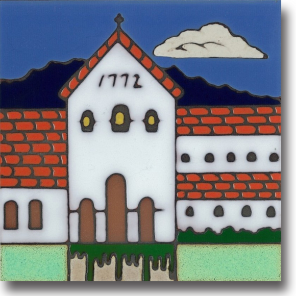 Ceramic tile with original art image of Mission San Luis Obispo de Tolosa hand painted then kiln fired creating vivid, jewel-like colors. American made, hand crafted tile has a hardboard back suitable as a trivet, original wall art or without the backing, several can be combined to form a tile mosaic back splash.