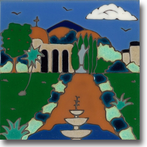 Ceramic tile with original art image of Mission San Juan Capistrano hand painted & kiln fired creating vivid, jewel-like colors. American made, hand crafted tile has a hardboard backing making it suitable as a trivet, original wall art or without the backing, several can be combined to form a tile mosaic back splash.