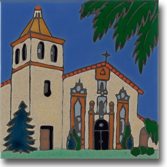 Ceramic tile with original art image of Mission Santa Clara de Asis hand painted & kiln fired creating vivid, jewel-like colors. American made, hand crafted tile has a hardboard backing making it suitable as a trivet, original wall art or without the backing,  combine several to form a tile mosaic back splash.