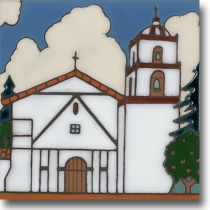 Ceramic tile with original art image of Mission San Buenaventura hand painted then kiln "fired" creating vivid, jewel-like colors. American made, hand crafted tile has a hardboard backing making it suitable as a trivet, original wall art or without the backing, several can be combined to form a tile mosaic back splash.