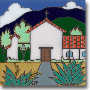 Ceramic tile with original art image of Mission Soledad hand painted then kiln "fired" creating vivid, jewel-like colors. American made, hand crafted tile has a hardboard backing making it suitable as a trivet, original wall art or without the backing, several can be combined to form a tile mosaic back splash.