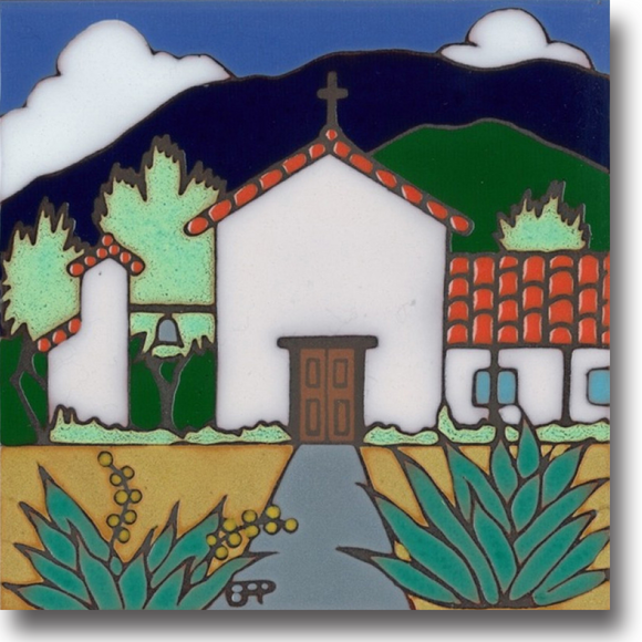 Ceramic tile with original art image of Mission Soledad hand painted then kiln 