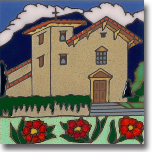 Ceramic tile with original art image of Mission San Jose hand painted & kiln fired creating vivid, jewel-like colors. American made, hand crafted tile has a hardboard backing making it suitable as a trivet, original wall art or without the backing, several can be combined to form a tile mosaic back splash.