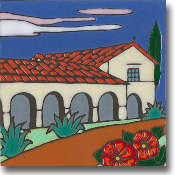 Ceramic tile with original art image of Mission San Juan Bautista hand painted & kiln fired creating vivid, jewel-like colors. American made, hand crafted tile has a hardboard backing making it suitable as a trivet, original wall art or without the backing, several can be combined to form a tile mosaic back splash.