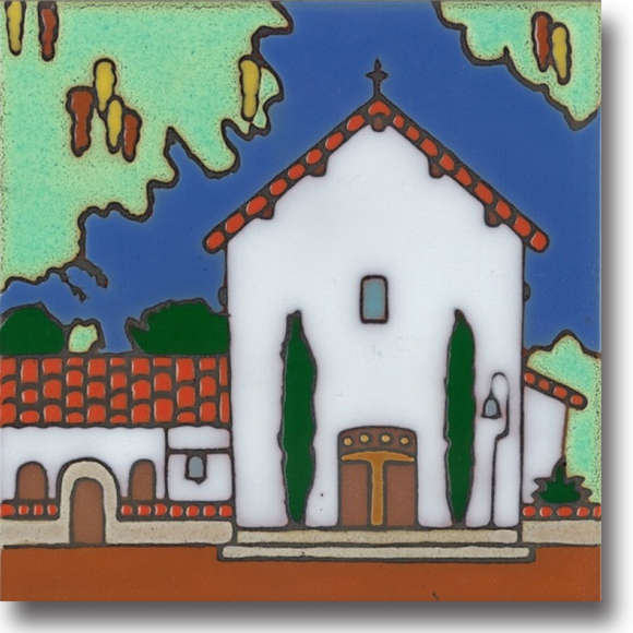 Ceramic tile with original art image of Mission San Miguel Arcangel hand painted & kiln fired creating vivid, jewel-like colors. American made, hand crafted tile has a hardboard backing making it suitable as a trivet, original wall art or without the backing,  combine several to form a tile mosaic back splash.