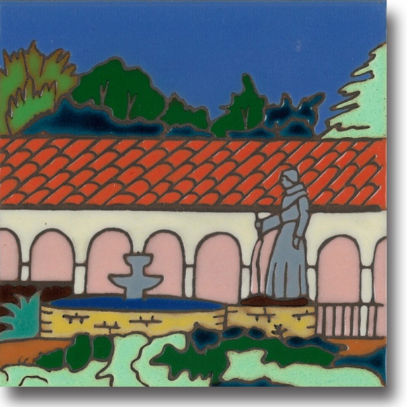 Ceramic tile with original art image of Mission San Fernando Rey de Espana hand painted then kiln fired creating vivid, jewel-like colors. American made, hand crafted tile has a hardboard back suitable as a trivet, original wall art or without the backing, several can be combined to form a tile mosaic back splash.
