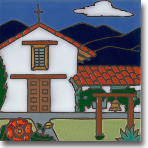 Ceramic tile with original art image of Mission San Francisco Solano (Sonoma) hand painted & kiln fired creating vivid, jewel-like colors. American made, hand crafted tile has a hardboard back making it suitable as a trivet, original wall art or without the backing,  combine several to form a tile mosaic back splash.