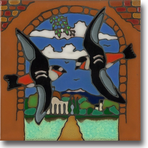 Ceramic tile with original art image of Mission San Juan Capistrano Swallow hand painted & kiln fired creating vivid, jewel-like colors. American made, hand crafted tile has a hardboard backing making it suitable as a trivet, original wall art or without the backing,  combine several to form a tile mosaic back splash.