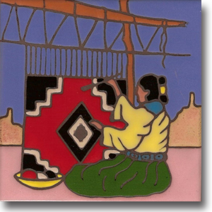 Ceramic tile with original art image of a Native American Navajo Weaver hand painted & kiln fired creating vivid, jewel-like colors. American made, hand crafted tile has a hardboard backing suitable as a trivet, original wall art or without the backing, several can be combined to form a tile mosaic back splash.