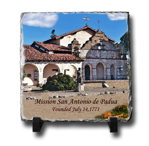 A square slate with an original image of Mission San Antonio de Padua (San Antonio) in a stunning and natural presentation.